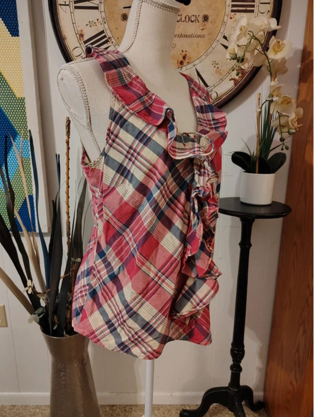 Ralph Lauren Plaid Ruffle Front Top | XL